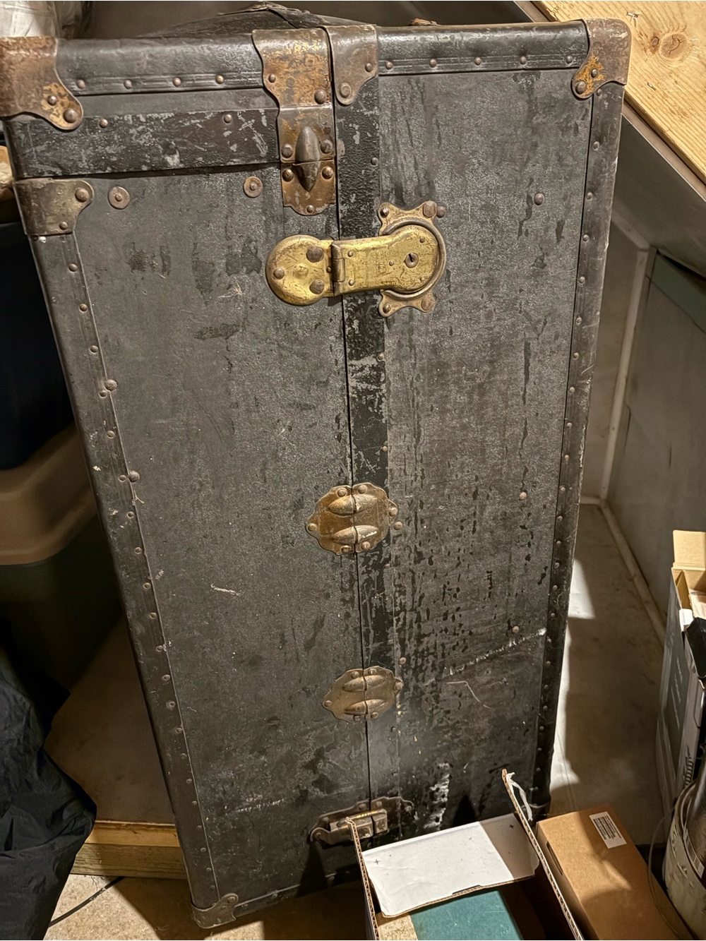 Vintage Black SteamerTrunk with Brass Hardware